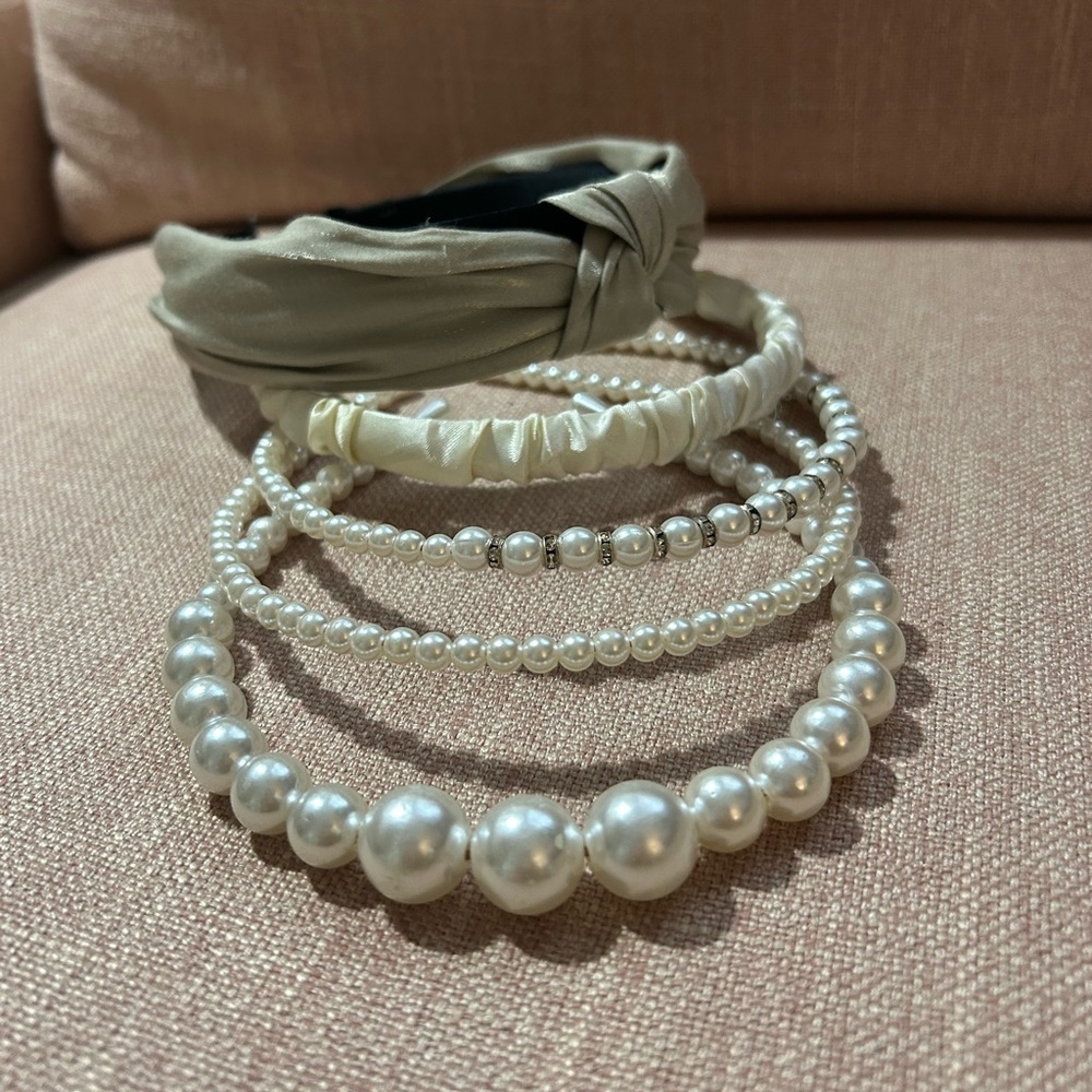Elegant Pearl and Silver Beaded Headband Set of 5